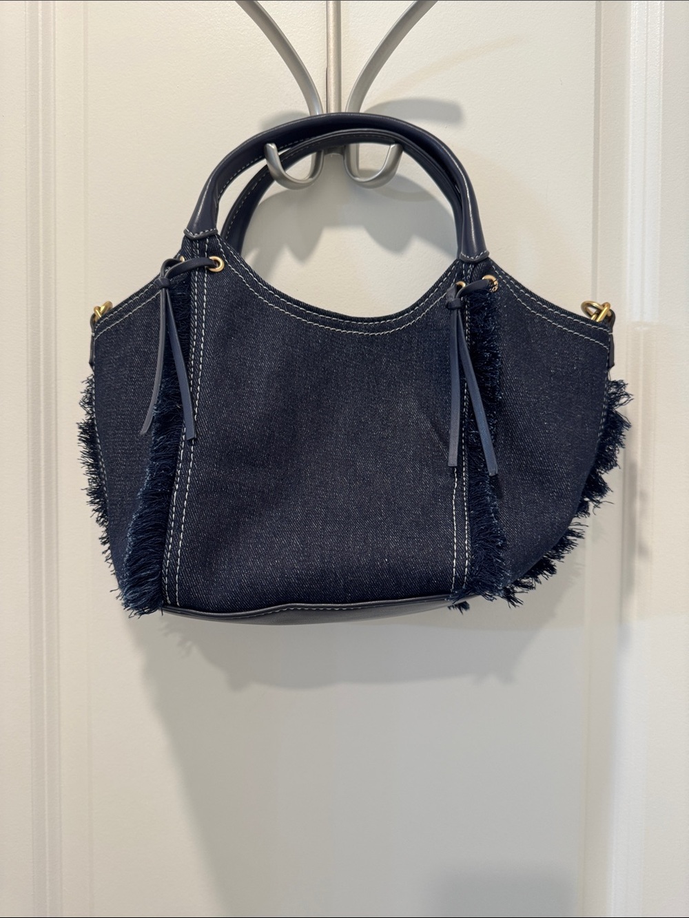 Sam Edelman Dark Blue Denim Fringe Tote with Gold Logo - Picture 2 of 4